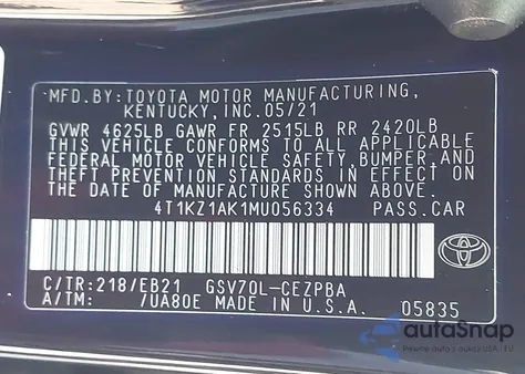 2021 Toyota Camry Trd z USA, uszkodzony, nr VIN 4T1KZ1AK1MU056334